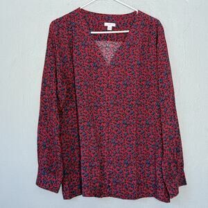 J. Jill Top Large Red Blue Floral Long Sleeve Pleated Classic Teacher Button Up